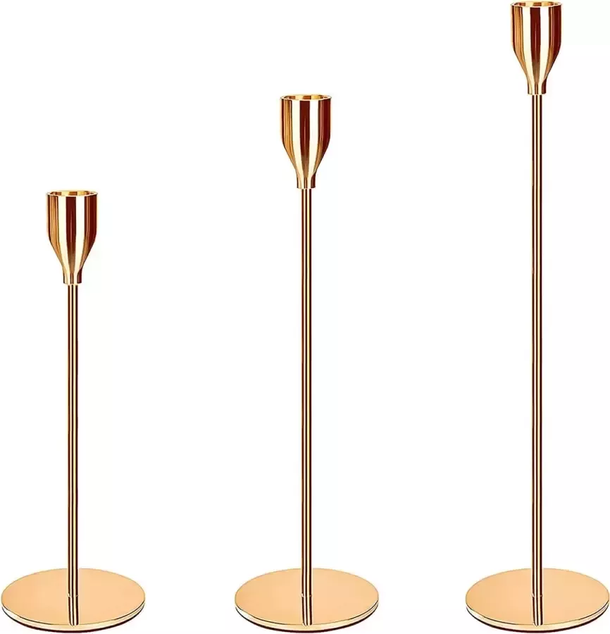 Amzeeniu Kaarsenhouder Goud 3 Set Bruiloft Kaarsenstandaard Hoge Kandelaar voor ø2.2cm Taps toelopende Kaars in Verschillende Maten voor Bruiloft Decoratie Tafel Verjaardag Diner Kaarsenhouder Vintage Decoratie