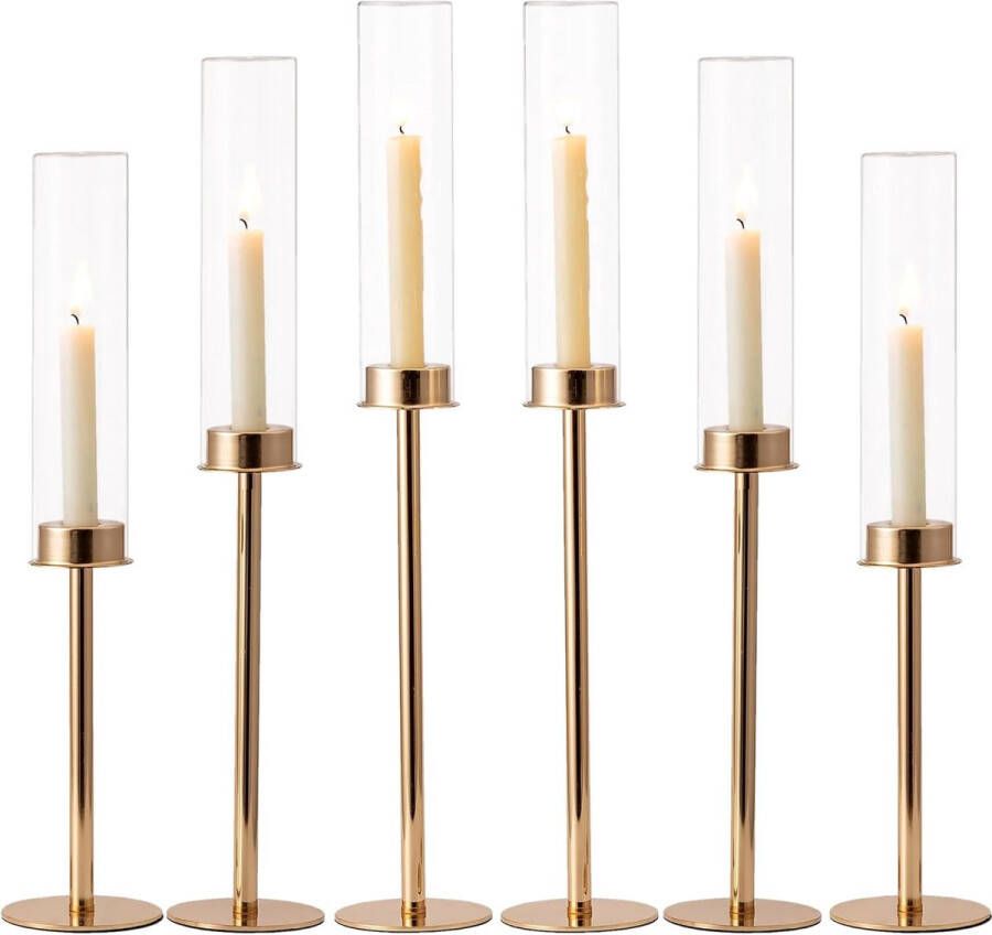 Kandelaar gouden kandelaar stokkaars: set van 6 hoge stokkandelaars goudkleurig met glazen cilinder zonder voet voor taps toelopende kaarsen metalen kandelaar voor tafeldecoratie woonkamer bruiloft eettafel
