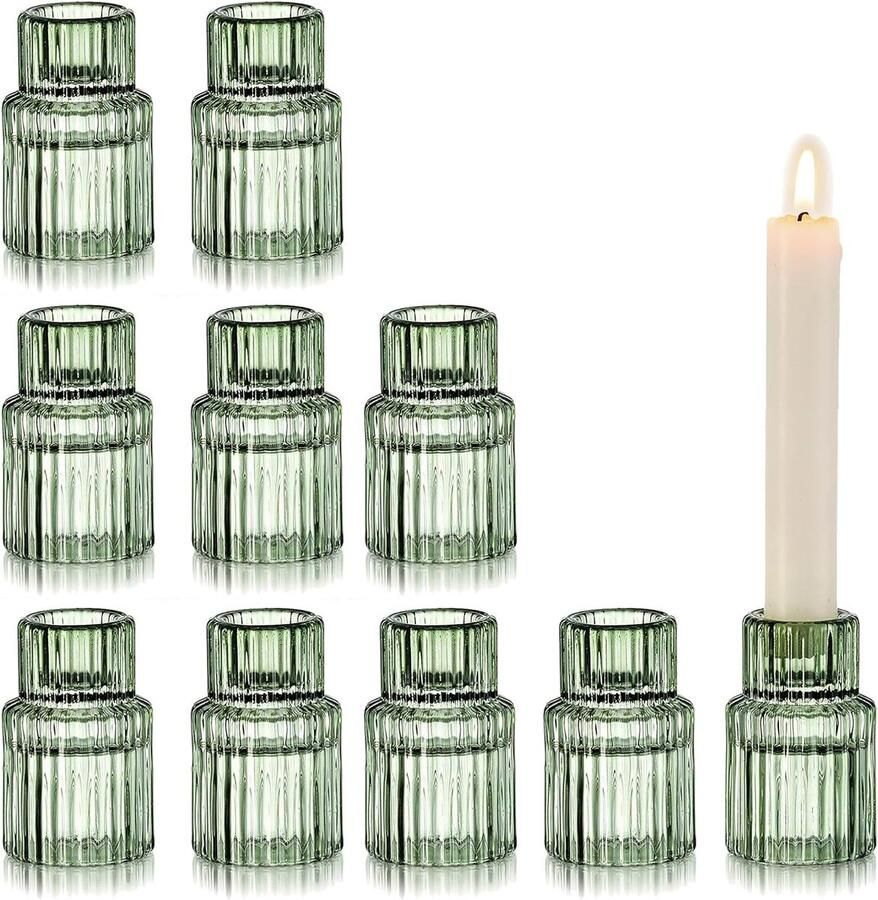 Kandelaar Houders Glas Groen Kaarshouder Set Van 10 Taper Kaarshouders Geribbelde Kaarshouders Voor Woonkamer Kleine Kandelaar Houder Voor Bruiloft Feest Tafels