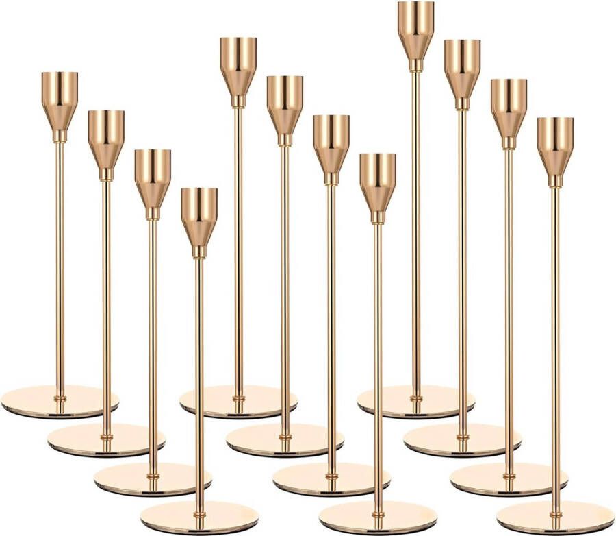 Kandelaar set van 12 gouden kandelaar hoge kandelaar voor puntige kaarsen geschikt voor 3 4 inch dikke kaarsen voor woondecoratie bruiloft eettafel feest kaarslicht diner (goud)