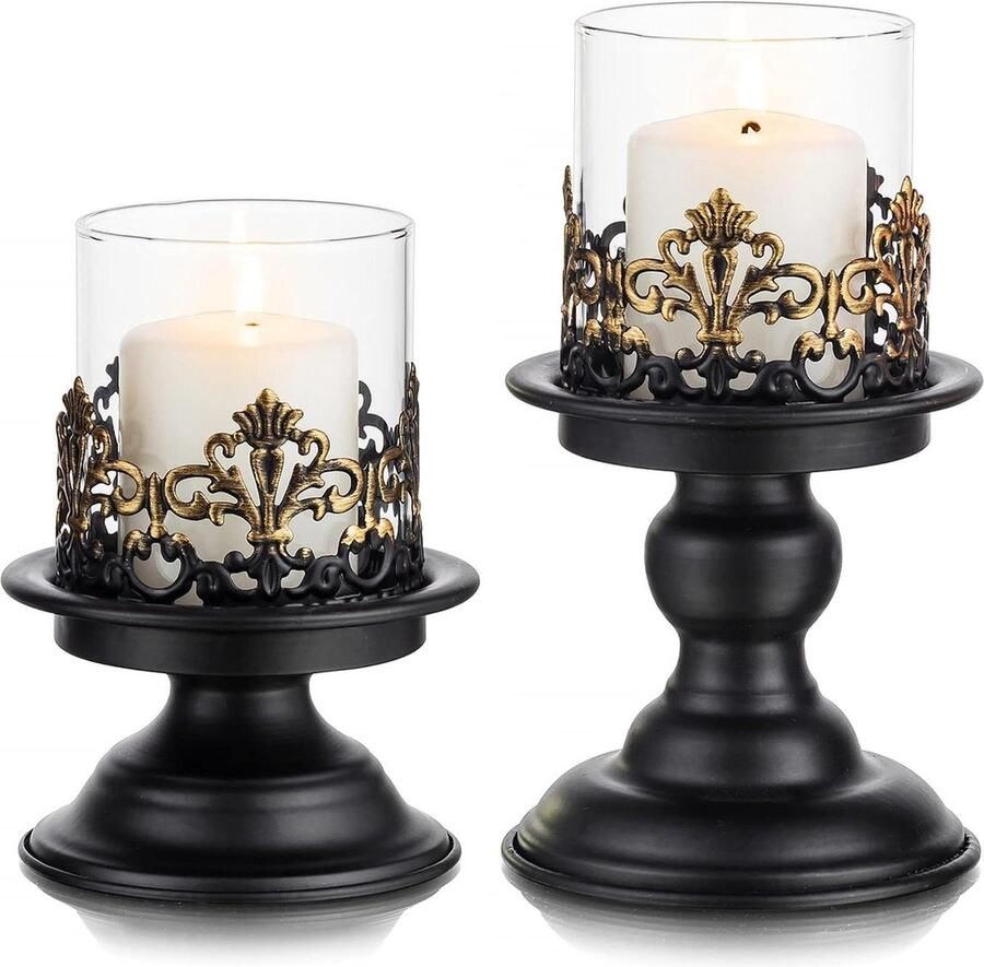 Kandelaar Shabby Chic Pijler Kaarshouder Set Zwarte Gotische Houder Rustieke Glazen Orkaan Kaarshouders Centerpieces voor Schoorsteen Open Haard Diner Bureau Tafelblad Ornament