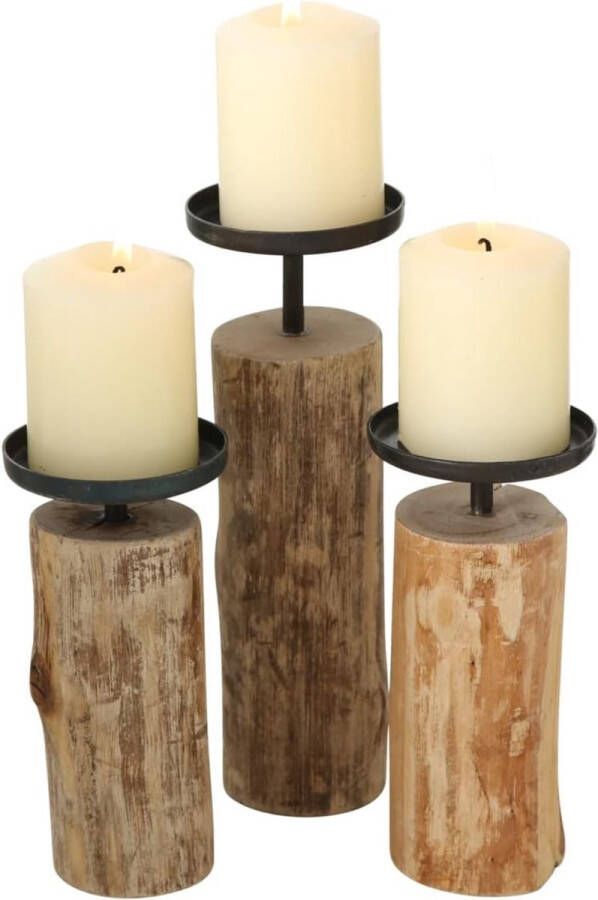 Kandelaar Tempe (3-delige set kaarsenhouder van hout + metaal stijlvol design decoratie eettafel commode boho stijl)