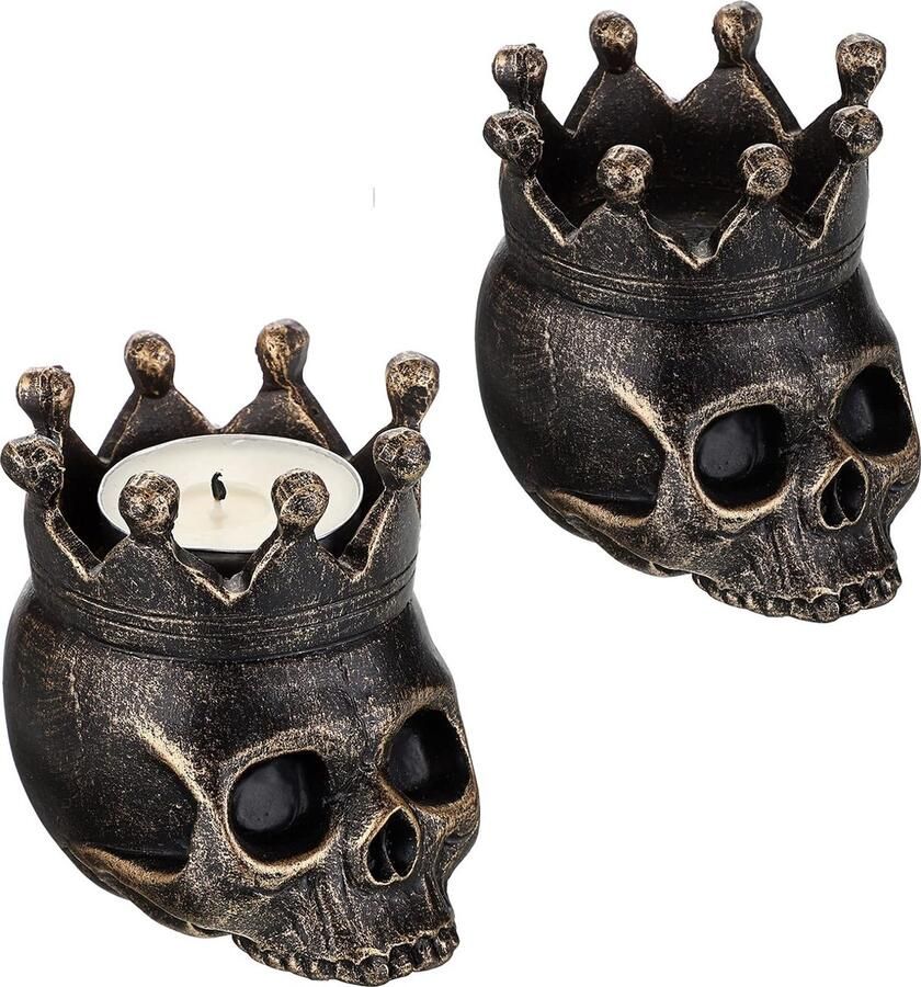 Kandelaar van kunsthars voor tafel woondecoratie kaarsenstandaard kandelaar doodskop schedelvorm decoratie voor Kerstmis verjaardag allerheiligen (ertskleur)