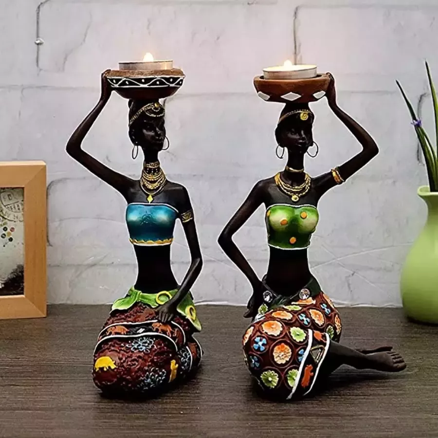 Kandelaars Afrikaanse Vrouwen 2 Stuks Decoratie Kleurrijk Tafel Decoratie Woonkamer Decoratie Exotisch Wonen Woon Decoratie Beeldjes Waxinelichtjes houder