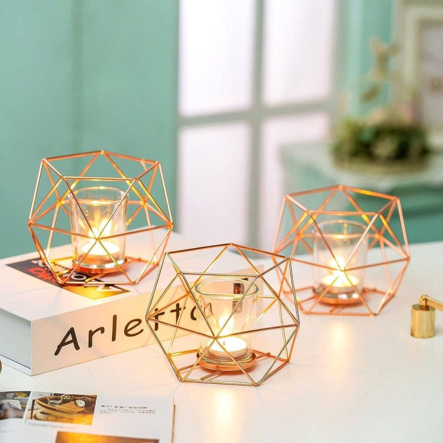 Kandelaars Goud Geometrisch Decor Theelichthouder voor Theelichten Decoratieve Kaarsenstandaard Accenten voor Home Tafel Plank Mantel Moderne Decoratie Bruiloft Receptie Decor Rose Gold 2 stuks