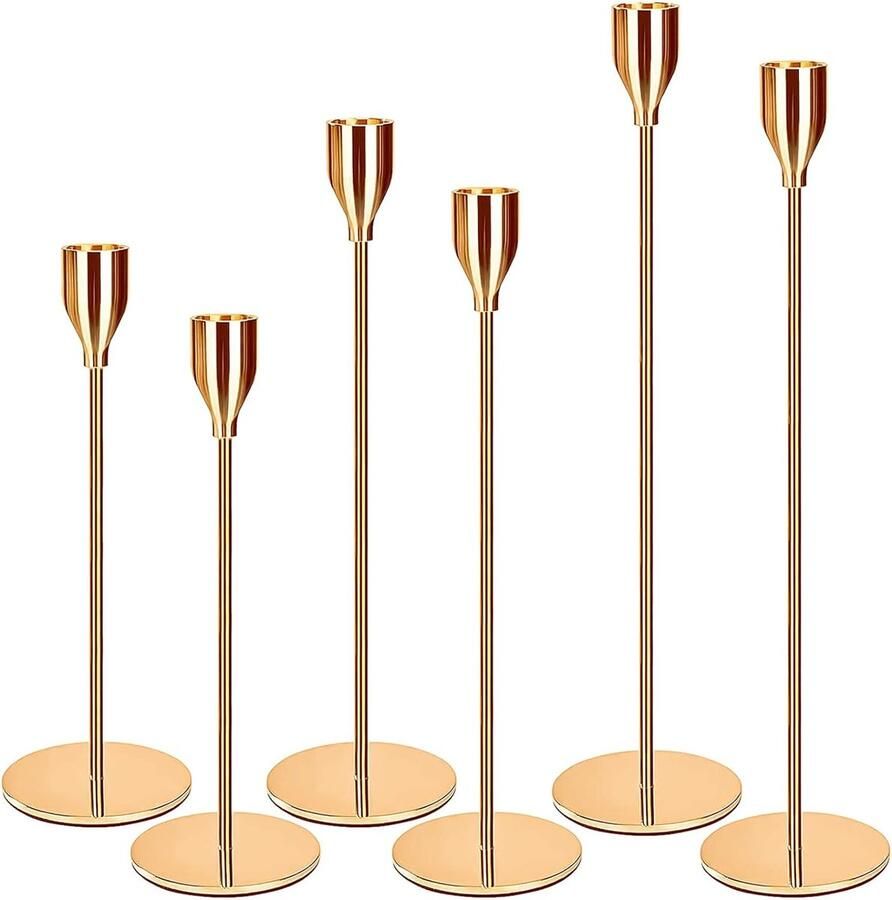 Kandelaars goud set van 6 kandelaars bruiloft kaarsenstandaard hoge kandelaar kegelkaarsenhouder voor feest bruiloft decoratie tafel verjaardag diner kandelaar vintage decoratie