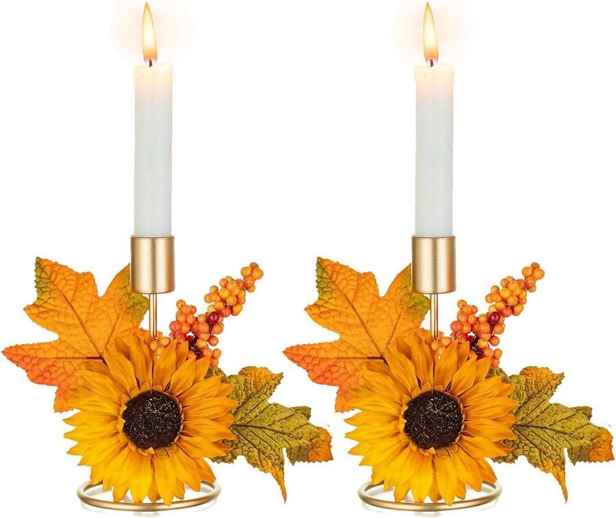 Kandelaars Herfst Decor: 2 Stuks Gouden Kandelaars met Zonnebloemen Kunstmatige Bladeren voor Thanksgiving Fall Decor Metalen Taper Kandelaars Houder voor Open Haard Koffie Eettafel