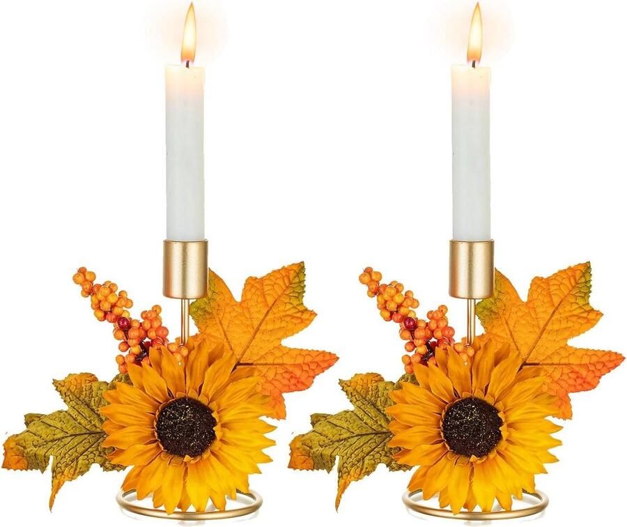 Kandelaars Herfst Decor 2 Stuks Gouden Kandelaars Zonnebloemen Kunstmatige Bladeren Open Haard Koffie Eettafel