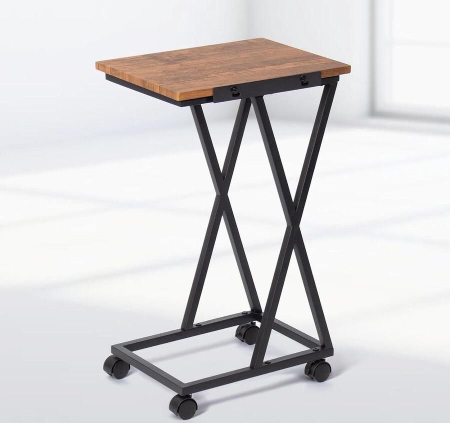 Kantelblad Bijzettafel Stalen Bankpunt Wielen en Verstelbare Poten Eenvoudige Montage Woonkamer Slaapkamer Balkon Bruin en Zwart