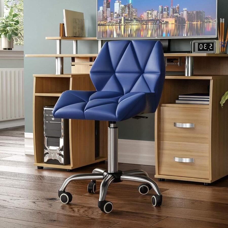 Kantoor Computer Stoel Blauw Gaming Secretaresse Draaibare Stoel Verstelbaar Lift Benen Chrome PU Faux-Leer - Foto 2