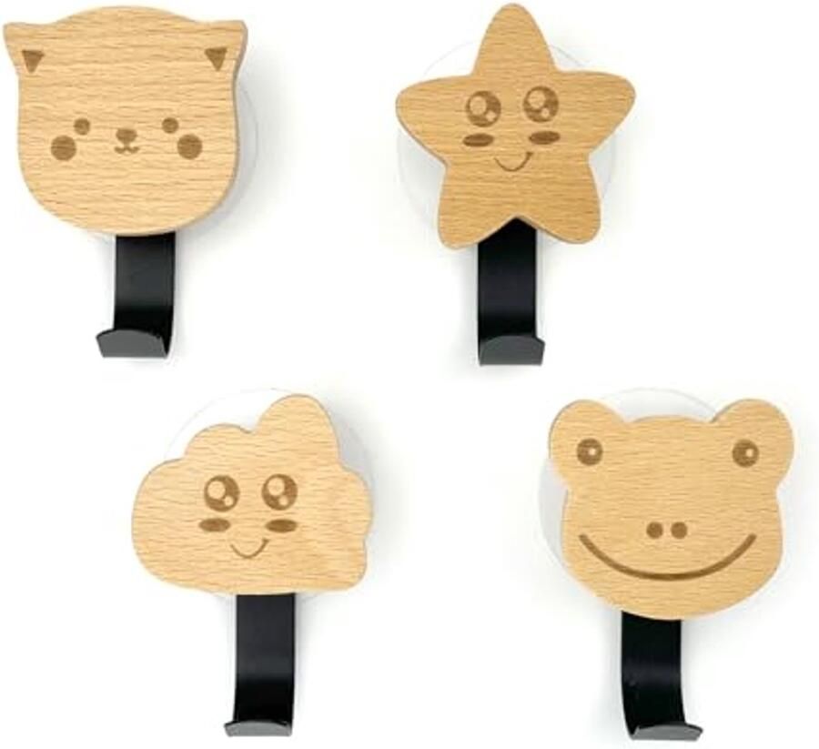 KAOTPO Kapstokhaken kinderkapstokhaken van hout vier stuks in een set met zwarte lange haak kinderkapstok zelfklevende kapstokhaak geschikt voor kinderkamers (stijlvol) (dier)