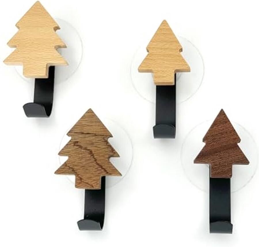 KAOTPO Kapstokhaken kinderkapstokhaken van hout vier stuks in een set met zwarte lange haak kinderkapstok zelfklevende kapstokhaak geschikt voor kinderkamers (stijlvol) (boom)