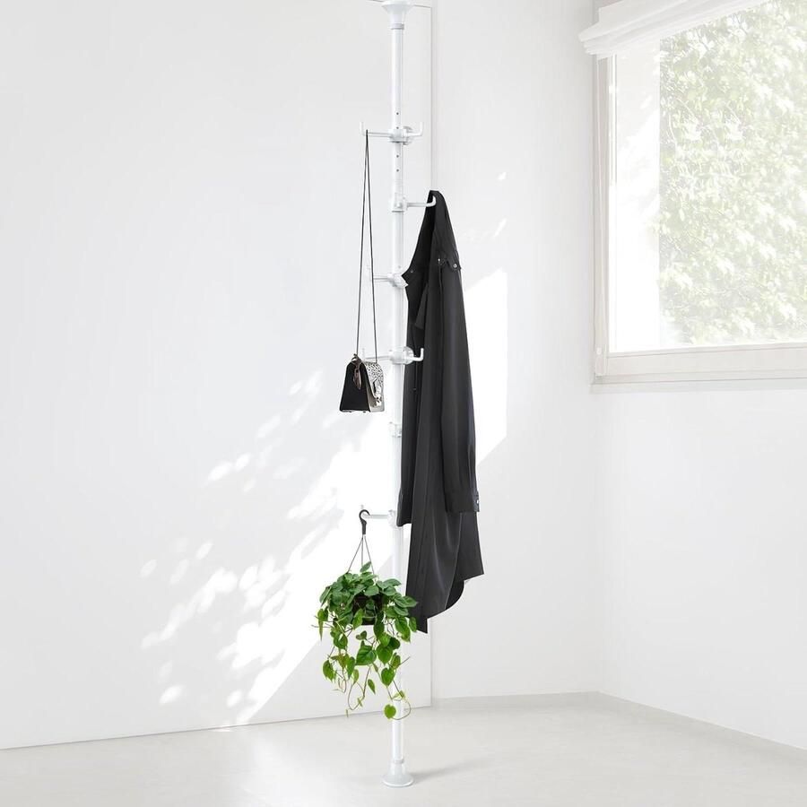 Allecto Plus Verstelbare Kledingstandaard 140-310 cm Wit Kapstok met 12 Haken voor Jas Hoed Sjaal Geschikt voor Woonkamer Balkon Keuken