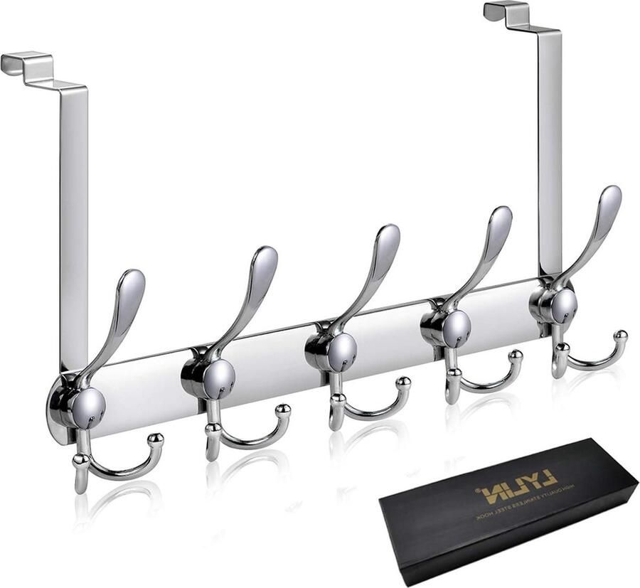 Over de Deurhaak Hanger LYLIN Roestvrijstalen Hangers Voor Deur met 15 Haken Opbergrek Voor Zwaar Gebruik Wandhanger Voor Jas Kleding Handdoek Tas (Zilver Deuren Dikte 4 5 cm)