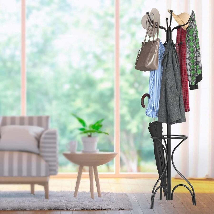 Kapstok 190 cm met 12 haken en paraplustandaard Staande garderobe in zwart