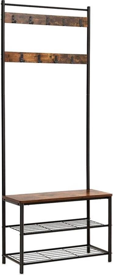Rootz Living Rootz Kapstok 3 Planken Zitting Industriële Stijl Schoenenrek Stalveilig Stevige Constructie Spaanplaat-staal Vintage Bruin-zwart 70 x 175 x 32 cm