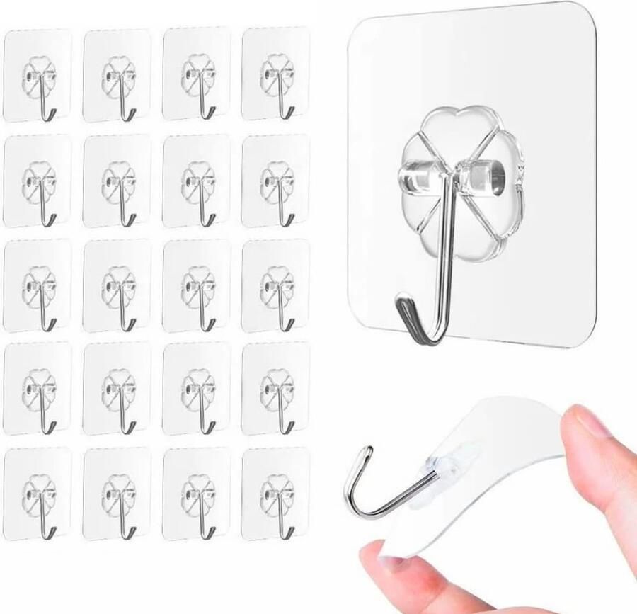 Kapstok 33 lbs klevende haken om aan de muur of het plafond te hangen stevig transparant schadevrij spoorloos klevende hangers voor keuken en badkamer 20 stuks