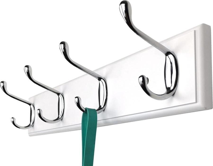 Kapstok 4 zilveren haken wandgarderobe wit hout 44 cm muur haaklijst moderne kapstok voor entree hal slaapkamer