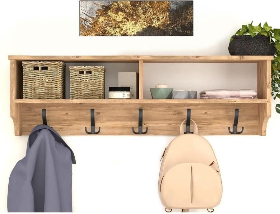 Gold Nestly Kapstok 5x2 haken wandkapstok industrieel hout 120x37x22 Kapstok Wall Mounted Kapstok Wandkapstok hout metaal Mdf Pijnboom - Foto 2