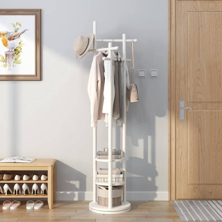 Kapstok draaibare kapstok van hout met 3 legplanken en 3 dwarsstangen stabiele en eenvoudige montage jasstandaard voor hal slaapkamer kantoor (wit)