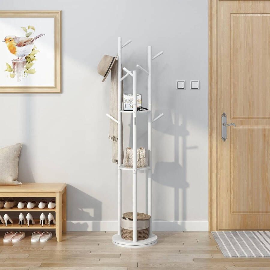 kapstok draaibare kapstok van hout met 3 planken en 9 haken stabiel en eenvoudig te monteren jasstandaard voor woonruimte hal slaapkamer kantoor (wit)