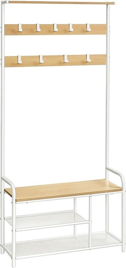 Rootz Living Rootz Houten Kapstok Eiken Witte Kapstok 9 Haken Spaanplaat & Staal 30cm x 85cm x 180 5cm Max. Belasting 90kg