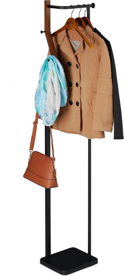 Relaxdays kapstok metaal hout modern 3 haken en kledingrek 173 x 30 x 25 cm zwart-bruin