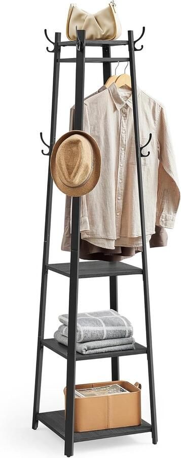 Kapstok en kledingrek – garderobe met 8 dubbele haken 4 planken en kledingstang metalen frame antracietgrijs-inktzwart ideaal voor hal
