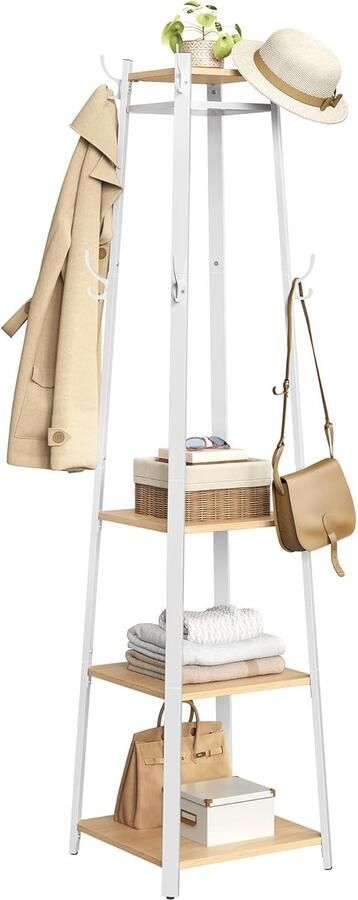 Kapstok en kledingrek – garderobe met 8 dubbele haken 4 planken en kledingstang metalen frame goud-eiken-wolkenwit ideaal voor hal