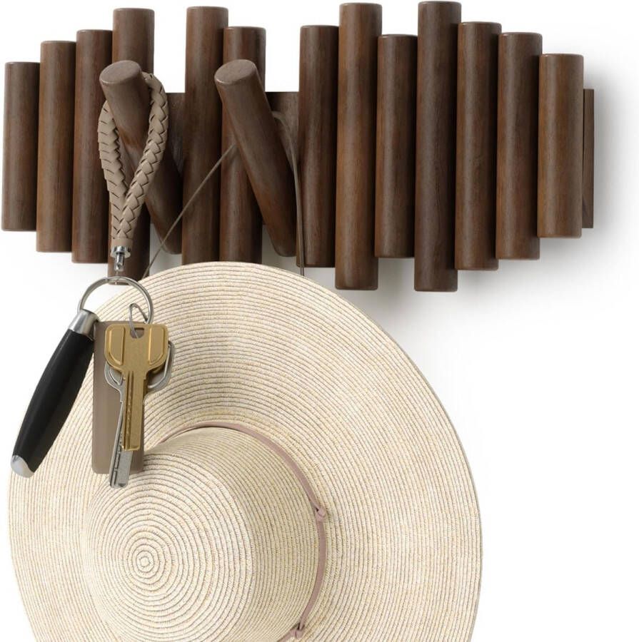 Kapstok en moderne wanddecoratie met 5 opvouwbare haken van gepolijst grenenhout antiek notenhout