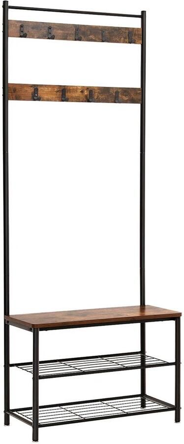 Kapstok en multifunctioneel halmeubel met schoenenbank dubbel metalen schoenenrek en 9 afneembare haken industrieel design stevig metalen frame geschikt voor gang en slaapkamer 32 x 70 x 175cm bruin + zwart