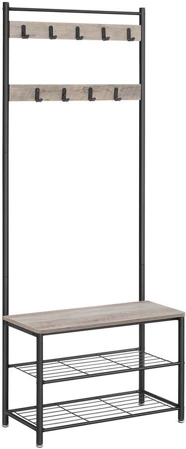 Kapstok en multifunctioneel halmeubel met schoenenbank dubbel metalen schoenenrek en 9 afneembare haken industrieel design stevig metalen frame geschikt voor gang en slaapkamer 32 x 70 x 175cm grijs + zwart