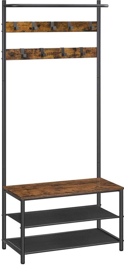 Kapstok en multifunctioneel halmeubel met schoenenbank dubbel Oxford-doek schoenenrek en 9 afneembare haken industrieel design stevig metalen frame geschikt voor gang en slaapkamer 32 2 x 64 x 180 cm bruin + zwart