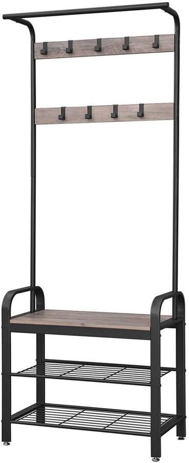 Kapstok en multifunctionele schoenenkast met schoenenbank dubbele schoenenrekken 9 afneembare haken en kledingstang geschikt voor hal of entree 33.7 x 77 x 183 cm industrieel design grijs en zwart