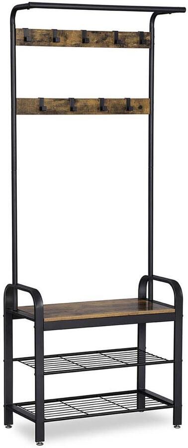 Kapstok en multifunctionele schoenenkast met schoenenbank dubbele schoenenrekken 9 afneembare haken en kledingstang geschikt voor hal of entree 33.7 x 77 x 183 cm industrieel design bruin en zwart