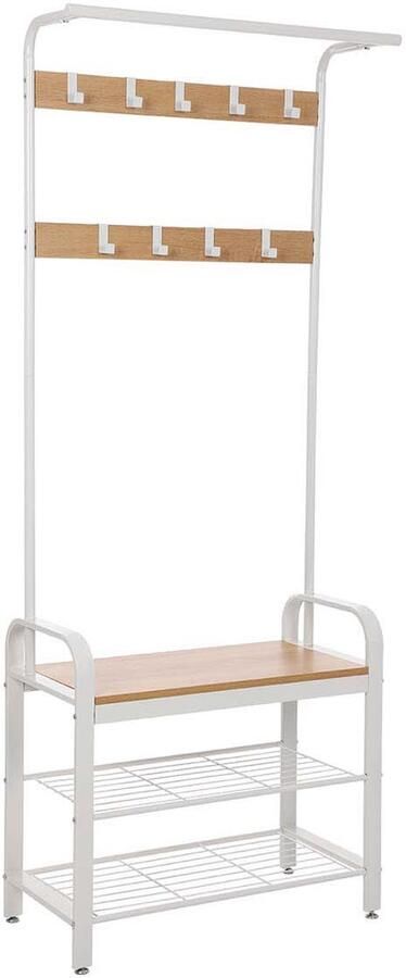 Kapstok en multifunctionele schoenenkast met schoenenbank dubbele schoenenrekken 9 afneembare haken en kledingstang geschikt voor hal of entree 33.7 x 77 x 183 cm industrieel design Wit+naturel