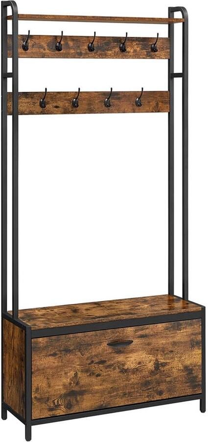 Kapstok en multifunctionele schoenenkast opbergkast en kledingrek met dubbele opbergruimte met flipfunctie schoenenbank 9 haken en kledingstang geschikt voor hal of slaapkamer industrieel design 30 x 85 x 180 cm vintage bruin en zwart