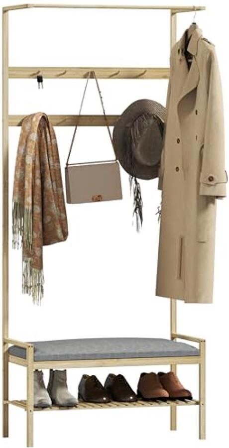 Kapstok en schoenenbank met zitkussen Bamboe garderobe met haken en schoenenrek voor entree