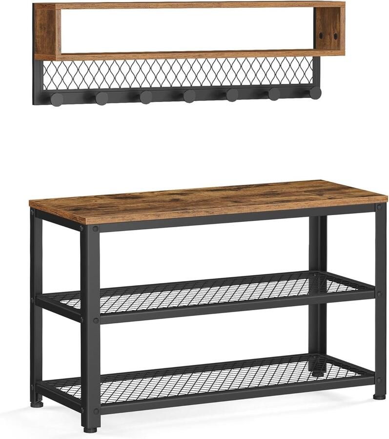 Kapstok en schoenenbank multifunctionele entree-eenheid met haken en planken