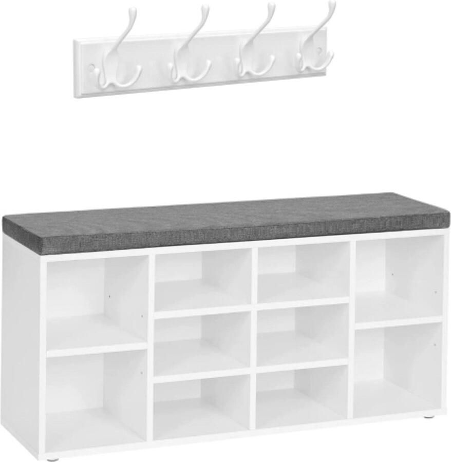 Kapstok en schoenenbank set met opbergruimte wandkapstok met 4 haken schoenenrek met verstelbare planken multifunctionele gangmeubel in wit-grijs