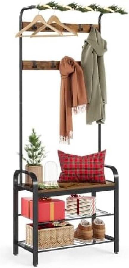 Kapstok garderobe halkast met schoenenrek met 3 niveaus met afneembare haken hoogte 183 cm metalen frame rustiek bruin en zwart