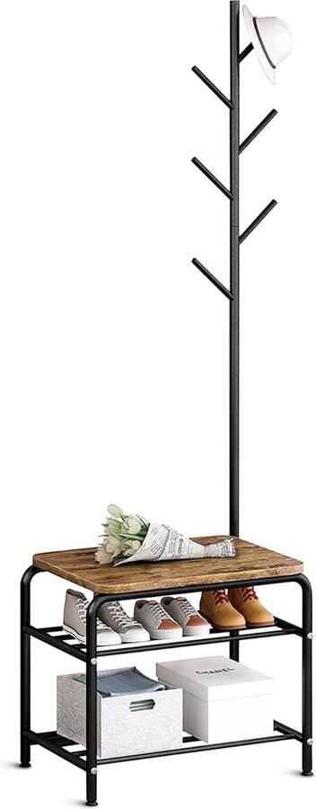 Kapstok garderobe met schoenenbank entreemeubel kledingrek met schoenenrek 3 planken 177 cm zwart