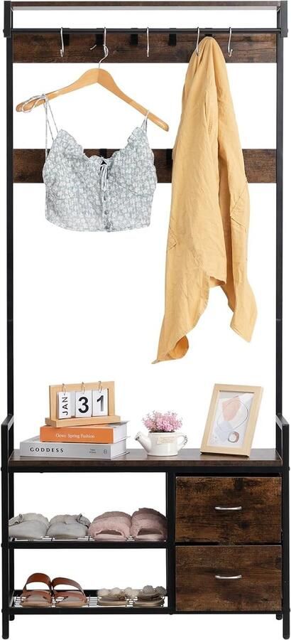 Goodivery Stijlvolle Kapstok met Schoenbank Kledingrek 15 Verwijderbare Haken en 2 Laden Bruin en Zwart