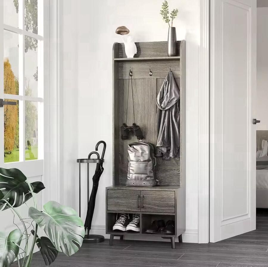 Kapstok Garderobe rek Kledingrek 3 haken Schoenen opslag Plank 2 deurtjes Hout Grijs 60x34x170cm