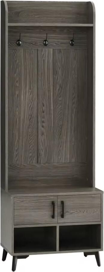 J&R Kapstok Garderobe rek Kledingrek 3 haken Schoenen opslag Plank 2 deurtjes Hout Grijs 60x34x170cm