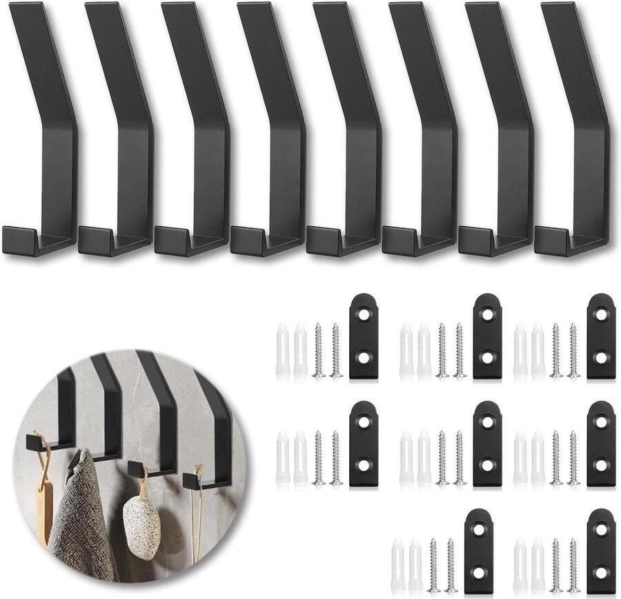 Kapstok haken wandmontage voor opknoping kleding Set van 8 stuks aluminiumlegering wandhaken voor slaapkamers badkamers gangen kantoren Zwart