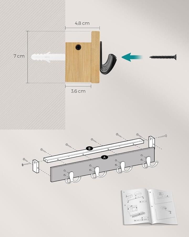 Kapstok Hangend 4 dubbele metalen haken ruimtebesparend naturel beige tot 16 kg - Foto 2