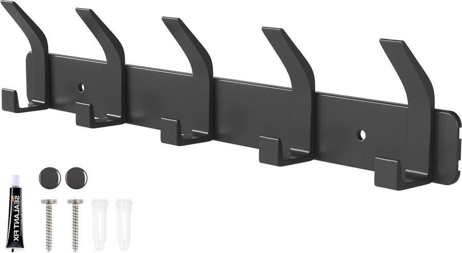 Kapstok Hangend 5 Haken Wandmontage Over Deurhangers Voordeur Slaapkamer Jassen Portemonnees Tassen Kleding Handdoeken (Zwart)