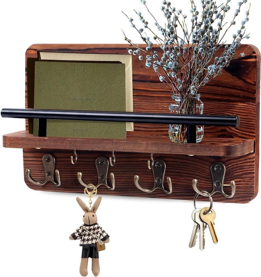 Kapstok Hangend Houten Garderobe met Plank 4 Dubbele Haken 3 Afzonderlijke Haken 30 cm voor Mantels Sleutels en Hoeden Keuken Badkamer Hal - Foto 2