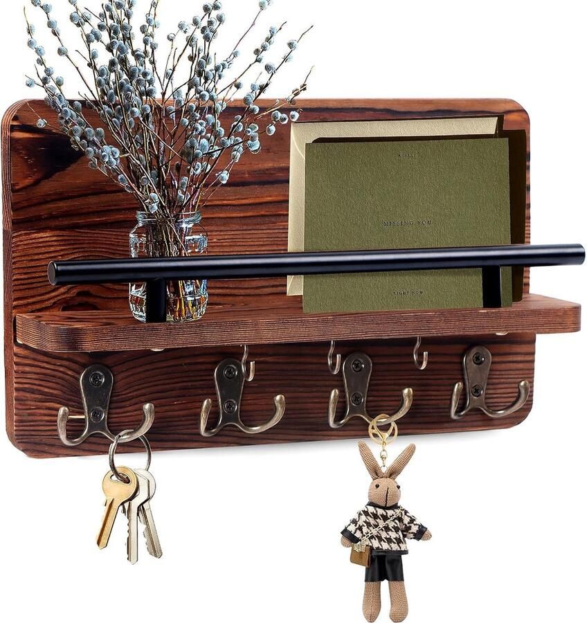 Wandgarderobes met plank kapstok met plank houten garderobehaken met 4 dubbele haken en 3 afzonderlijke haken 30 cm voor mantels sleutels en hoeden voor keuken badkamer hal en